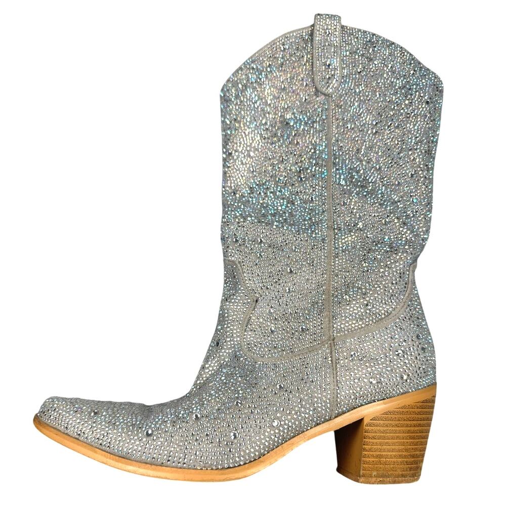 Cowboy Boots Rhinestone Pointed Toe Block Heel Silver